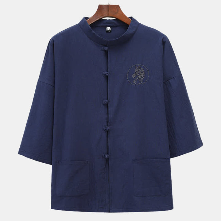 Buddha Stones Summer Tang Style Mandarin Collar Horse Embroidery Frog Button Solid Men's Short Sleeve Shirts With Pockets - Navy - US/UK/AU46，EU56 (5XL) - image 0