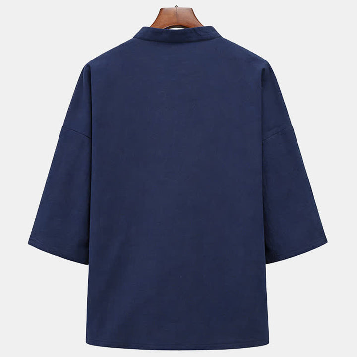 Buddha Stones Summer Tang Style Mandarin Collar Horse Embroidery Frog Button Solid Men's Short Sleeve Shirts With Pockets - image 1