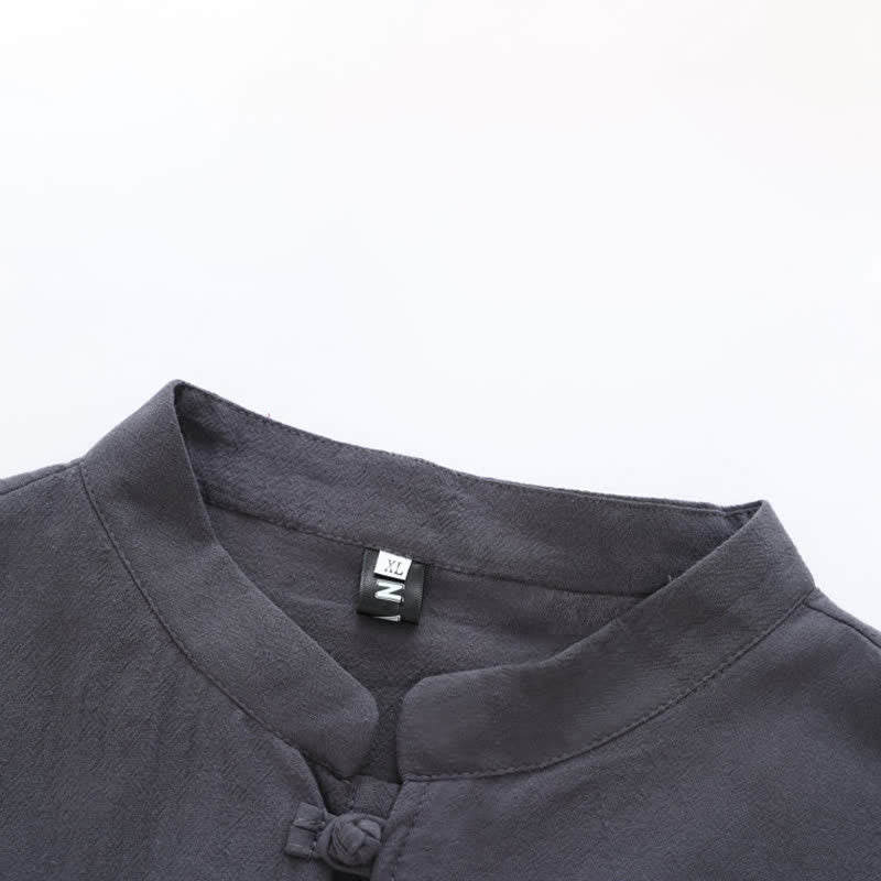 Buddha Stones Summer Tang Style Mandarin Collar Horse Embroidery Frog Button Solid Men's Short Sleeve Shirts With Pockets - image 10