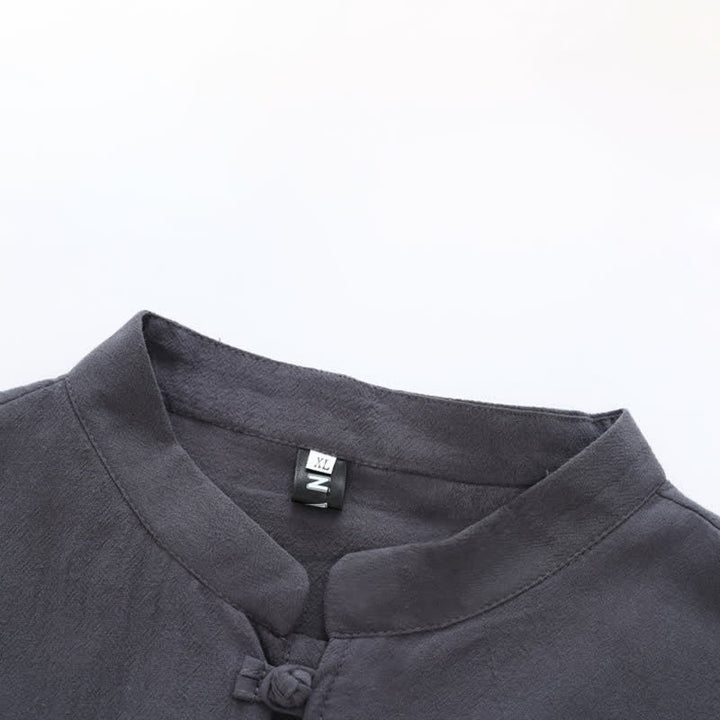 Buddha Stones Summer Tang Style Mandarin Collar Horse Embroidery Frog Button Solid Men's Short Sleeve Shirts With Pockets - image 10