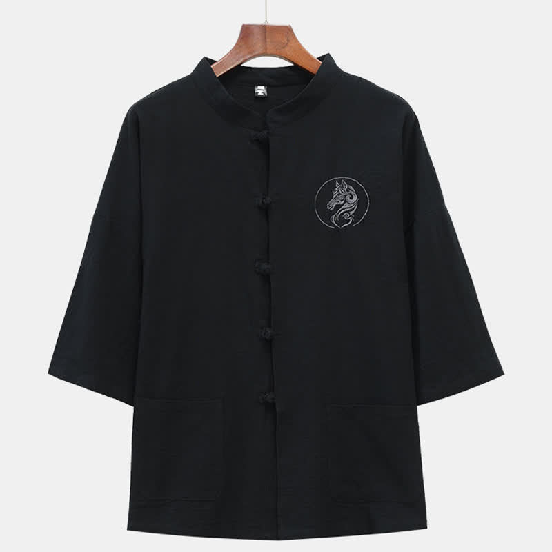 Buddha Stones Summer Tang Style Mandarin Collar Horse Embroidery Frog Button Solid Men's Short Sleeve Shirts With Pockets - Black - US/UK/AU46，EU56 (5XL) - image 6