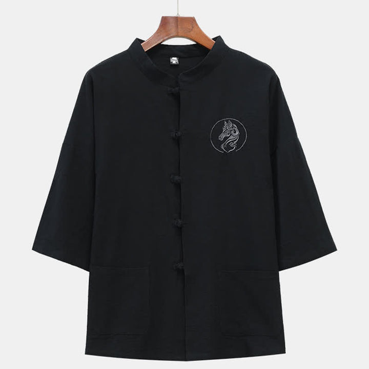 Buddha Stones Summer Tang Style Mandarin Collar Horse Embroidery Frog Button Solid Men's Short Sleeve Shirts With Pockets - Black - US/UK/AU46，EU56 (5XL) - image 6