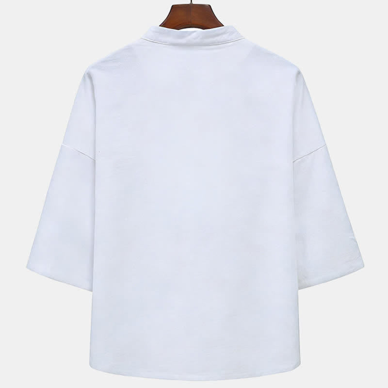 Buddha Stones Summer Tang Style Mandarin Collar Horse Embroidery Frog Button Solid Men's Short Sleeve Shirts With Pockets - image 5