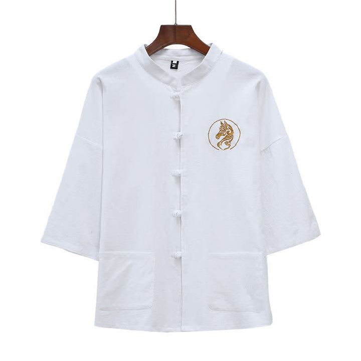Buddha Stones Summer Tang Style Mandarin Collar Horse Embroidery Frog Button Solid Men's Short Sleeve Shirts With Pockets - White - US/UK/AU46，EU56 (5XL) - image 4