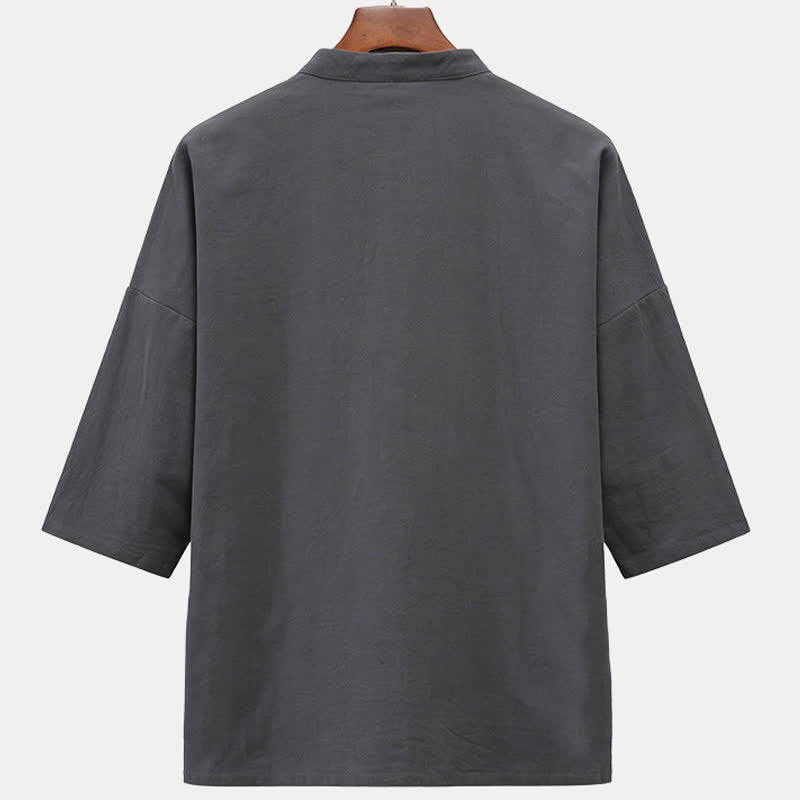 Buddha Stones Summer Tang Style Mandarin Collar Horse Embroidery Frog Button Solid Men's Short Sleeve Shirts With Pockets - image 9