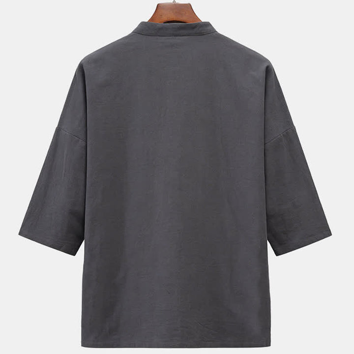 Buddha Stones Summer Tang Style Mandarin Collar Horse Embroidery Frog Button Solid Men's Short Sleeve Shirts With Pockets - image 9