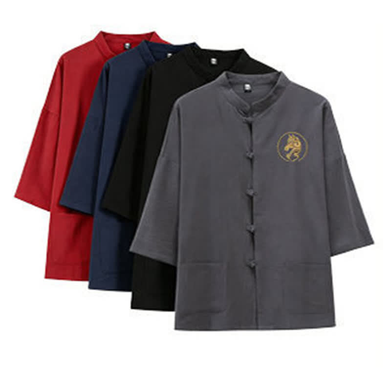 Buddha Stones Summer Tang Style Mandarin Collar Horse Embroidery Frog Button Solid Men's Short Sleeve Shirts With Pockets - image 15
