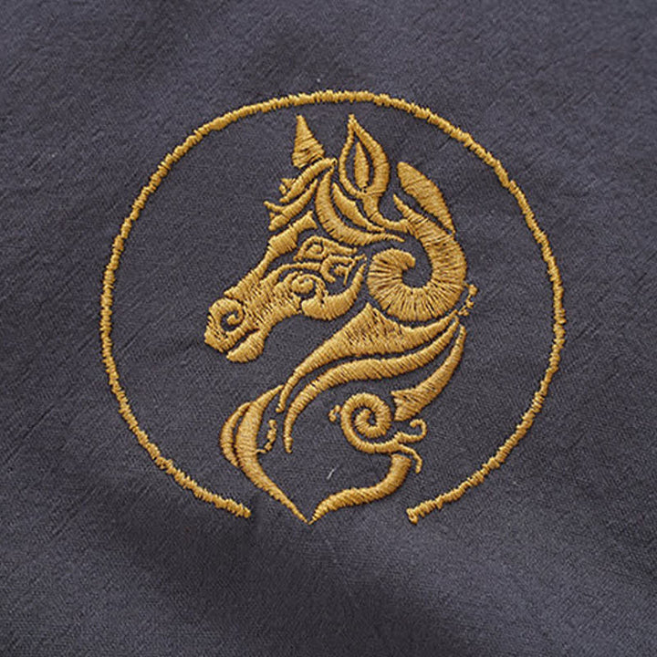 Buddha Stones Summer Tang Style Mandarin Collar Horse Embroidery Frog Button Solid Men's Short Sleeve Shirts With Pockets - image 12