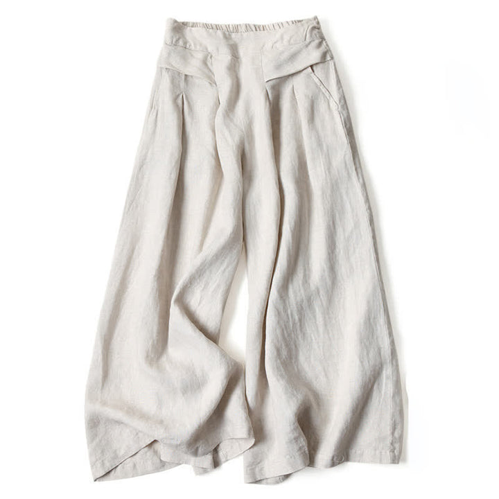 Buddha Stones Plain Color Cotton Linen High Waist Women's Wide Leg Pants With Pockets - image 14
