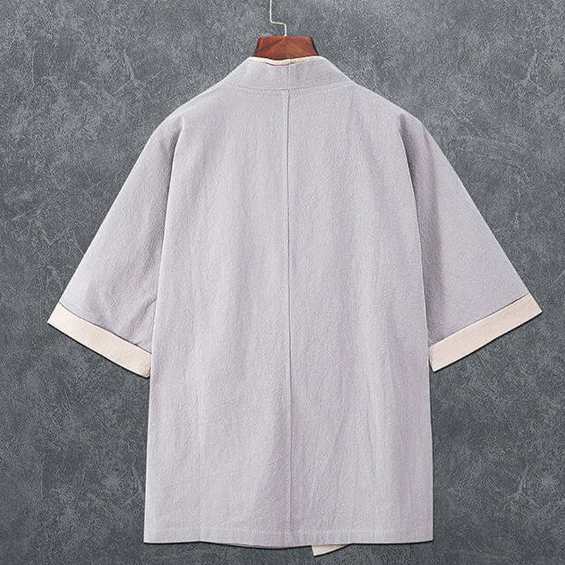 Buddha Stones Summer Minimalist V-Neck Frog Button Solid Men's Short Sleeve Kimono - image 5