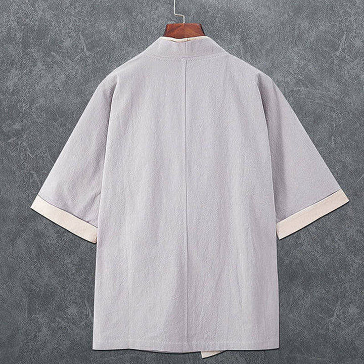 Buddha Stones Summer Minimalist V-Neck Frog Button Solid Men's Short Sleeve Kimono - image 5