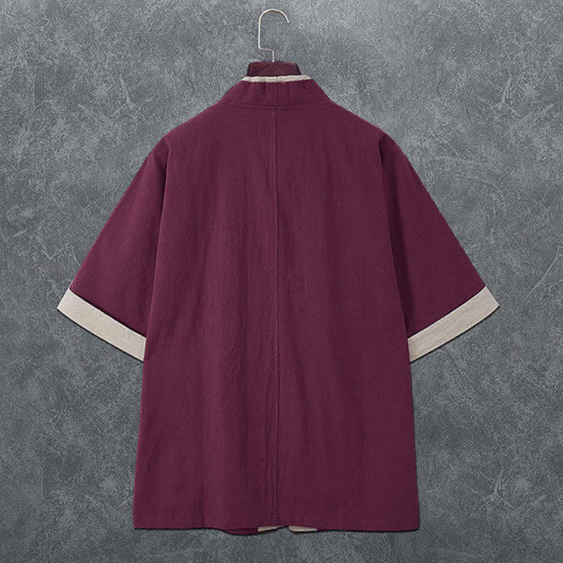 Buddha Stones Summer Minimalist V-Neck Frog Button Solid Men's Short Sleeve Kimono - image 7