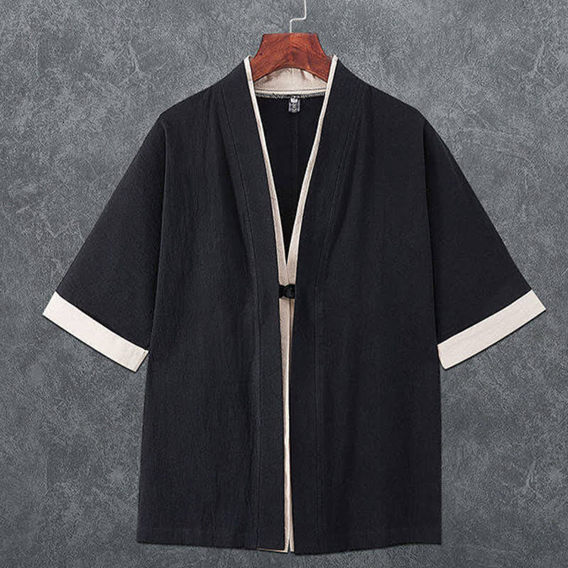 Buddha Stones Summer Minimalist V-Neck Frog Button Solid Men's Short Sleeve Kimono - Black - US/UK/AU46，EU56 (5XL) - image 2