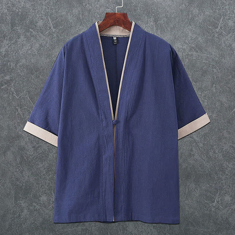 Buddha Stones Summer Minimalist V-Neck Frog Button Solid Men's Short Sleeve Kimono - SteelBlue - US/UK/AU46，EU56 (5XL) - image 0