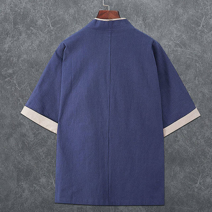 Buddha Stones Summer Minimalist V-Neck Frog Button Solid Men's Short Sleeve Kimono - image 1