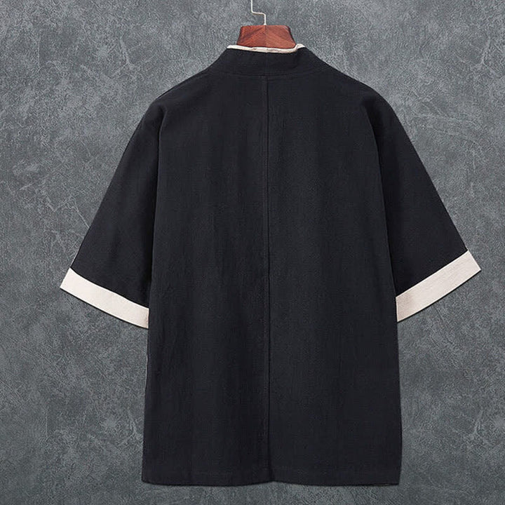 Buddha Stones Summer Minimalist V-Neck Frog Button Solid Men's Short Sleeve Kimono - image 3