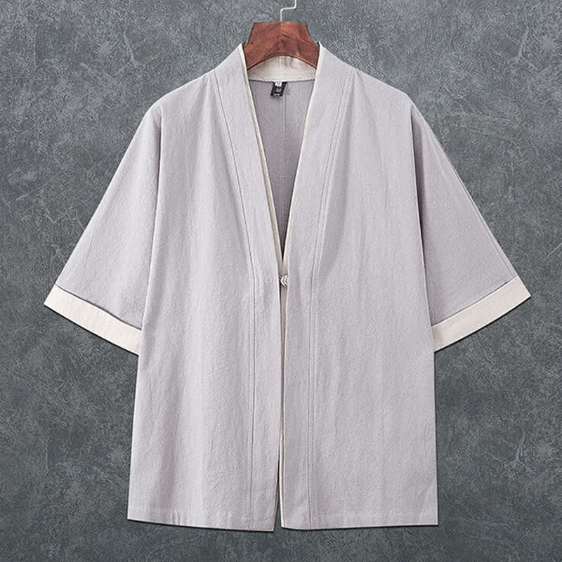 Buddha Stones Summer Minimalist V-Neck Frog Button Solid Men's Short Sleeve Kimono - LightGray - US/UK/AU46，EU56 (5XL) - image 4