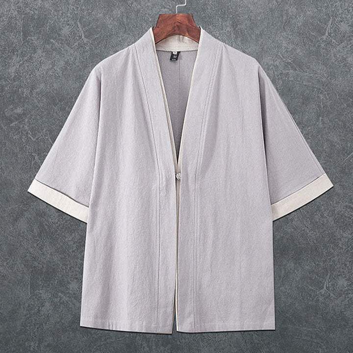 Buddha Stones Summer Minimalist V-Neck Frog Button Solid Men's Short Sleeve Kimono - LightGray - US/UK/AU46，EU56 (5XL) - image 4