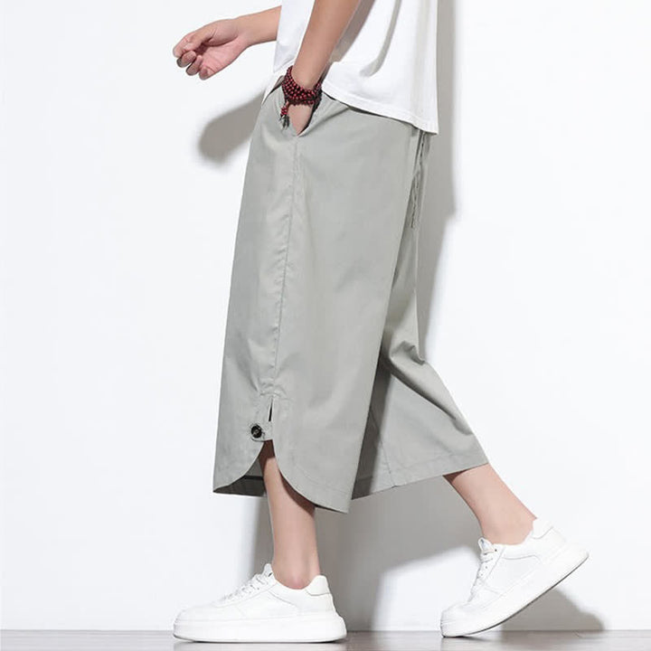 Buddha Stones Summer Casual Drawstring Side Slit Solid Cotton Men's Harem Pants With Pockets - image 26