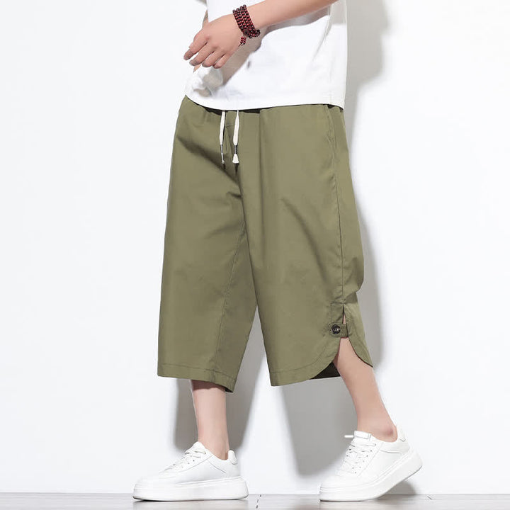 Buddha Stones Summer Casual Drawstring Side Slit Solid Cotton Men's Harem Pants With Pockets - OliveDrab - US/UK/AU48，EU58(5XL) - image 0