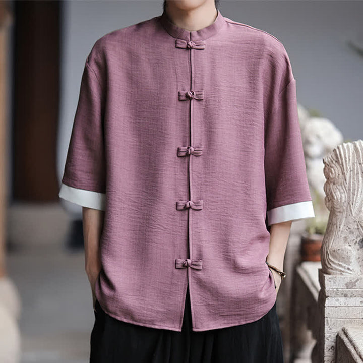 Buddha Stones Summer Tang Style Mandarin Collar Frog Button Solid Men's Elbow-Length Sleeve Shirts - Plum - US/UK/AU46，EU56 (5XL) - image 15