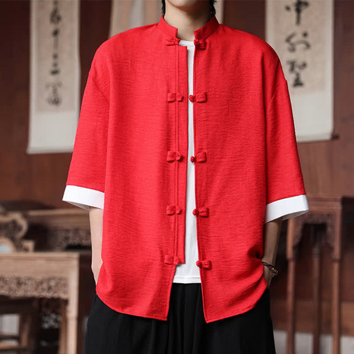 Buddha Stones Summer Tang Style Mandarin Collar Frog Button Solid Men's Elbow-Length Sleeve Shirts - Crimson - US/UK/AU46，EU56 (5XL) - image 22