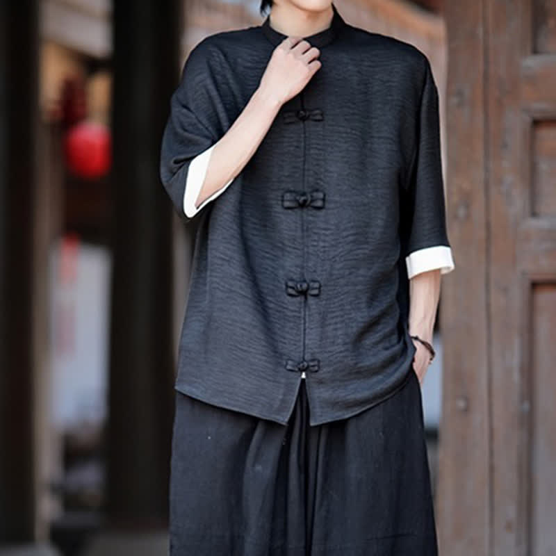 Buddha Stones Summer Tang Style Mandarin Collar Frog Button Solid Men's Elbow-Length Sleeve Shirts - image 13
