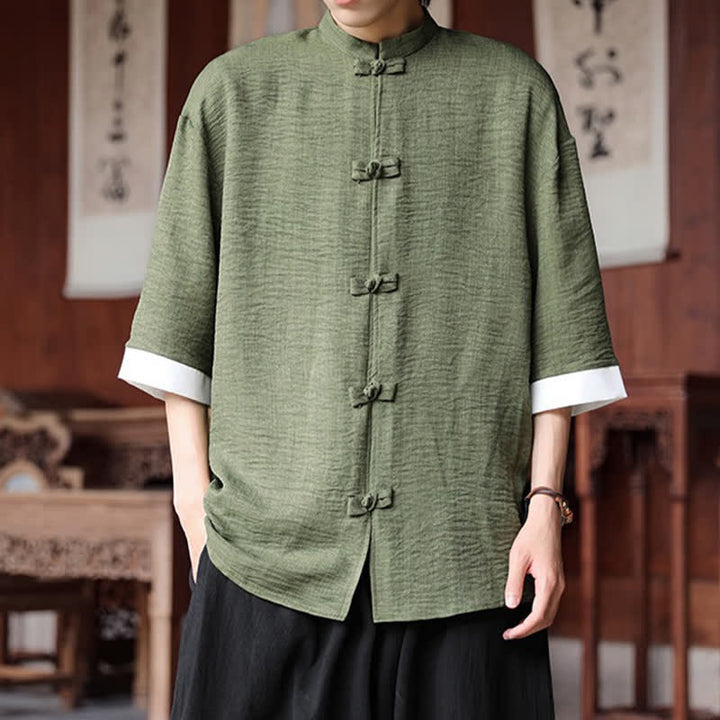 Buddha Stones Summer Tang Style Mandarin Collar Frog Button Solid Men's Elbow-Length Sleeve Shirts - image 3