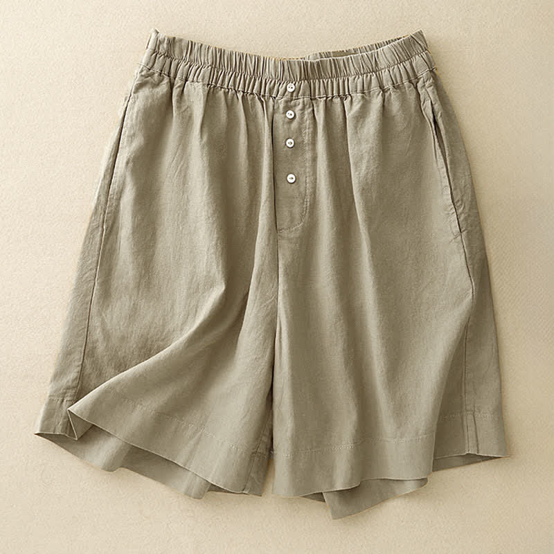 Buddha Stones Summer Minimalist Button-Up Elastic Waist Solid Women's Shorts With Pockets - DarkKhaki - US12，UK/AU16，EU44 (2XL) - image 0