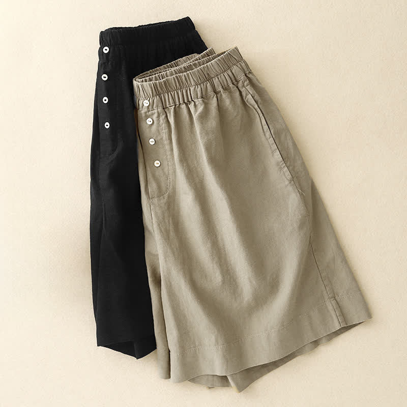 Buddha Stones Summer Minimalist Button-Up Elastic Waist Solid Women's Shorts With Pockets - image 16