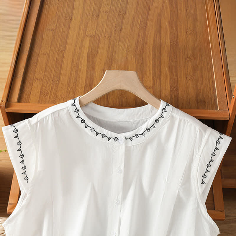 Buddha Stones Summer Button-Up Solid Crew Neck Women's Sleeveless Shirts - image 14