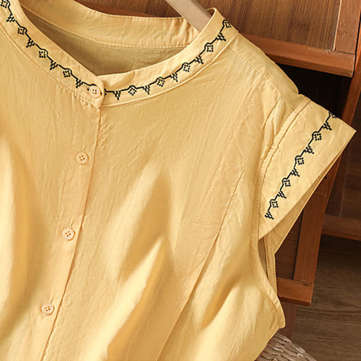 Buddha Stones Summer Button-Up Solid Crew Neck Women's Sleeveless Shirts - image 3