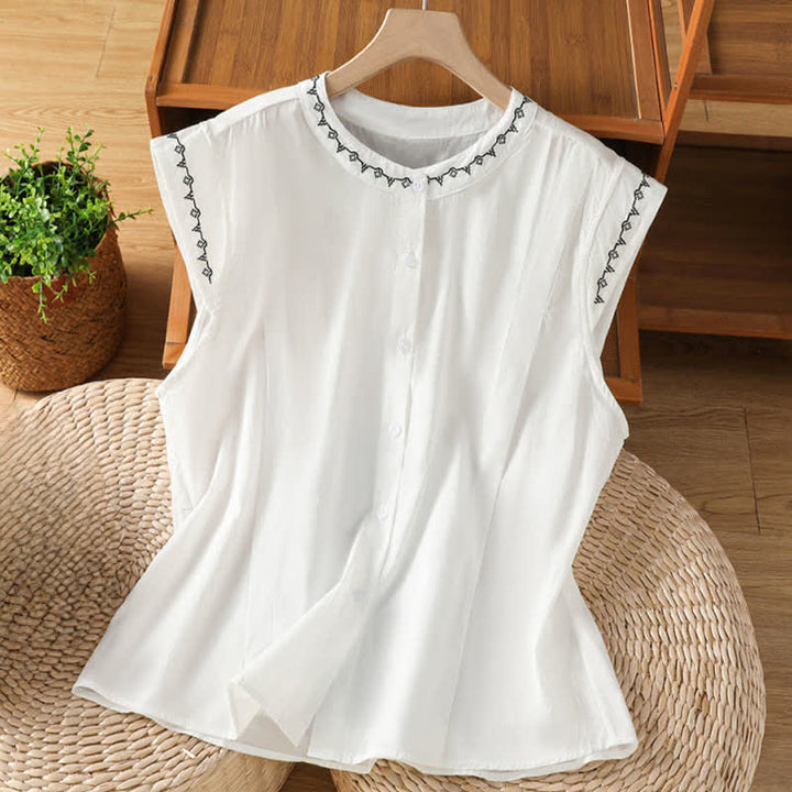 Buddha Stones Summer Button-Up Solid Crew Neck Women's Sleeveless Shirts - White - US8-10，UK/AU12-14，EU40-42 (2XL) - image 12