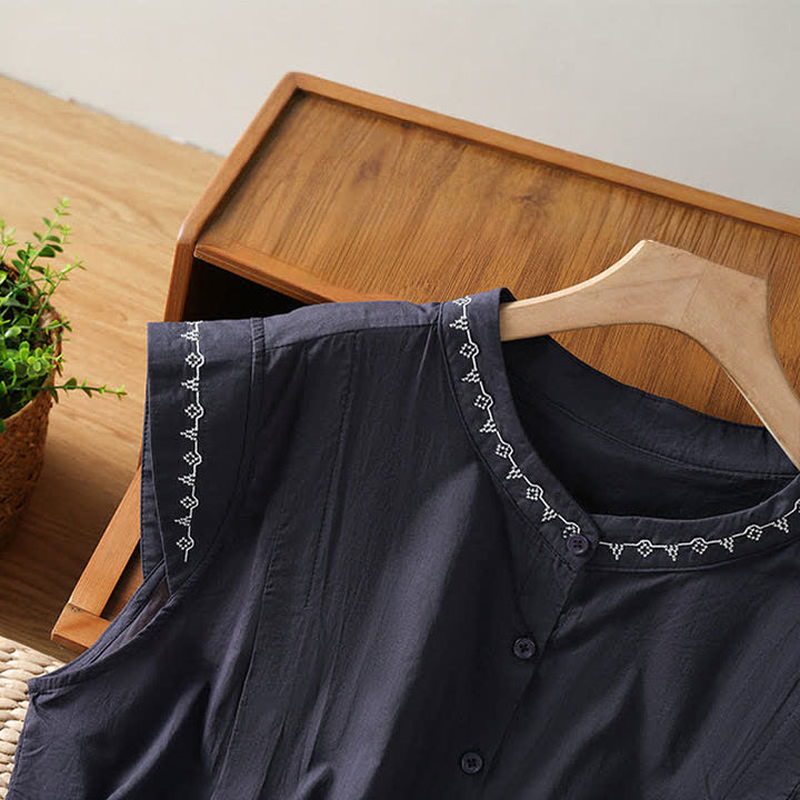 Buddha Stones Summer Button-Up Solid Crew Neck Women's Sleeveless Shirts - image 10