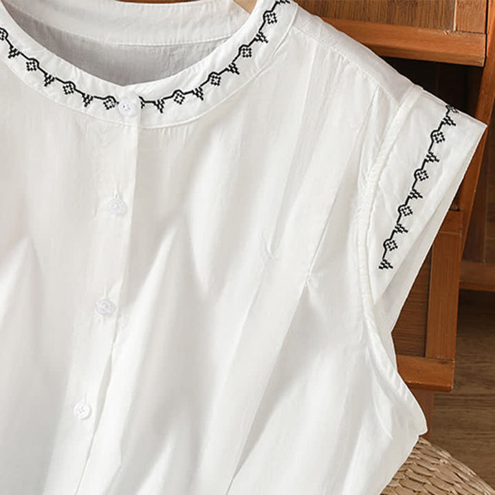 Buddha Stones Summer Button-Up Solid Crew Neck Women's Sleeveless Shirts - image 17