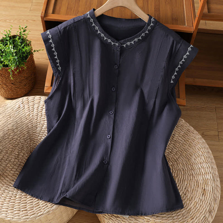 Buddha Stones Summer Button-Up Solid Crew Neck Women's Sleeveless Shirts - MidnightBlue - US8-10，UK/AU12-14，EU40-42 (2XL) - image 6