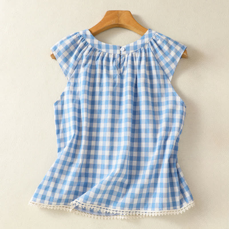 Buddha Stones Summer Pleated Yoke Gingham Check Women's Sleeveless T-Shirts Tank Top - image 1