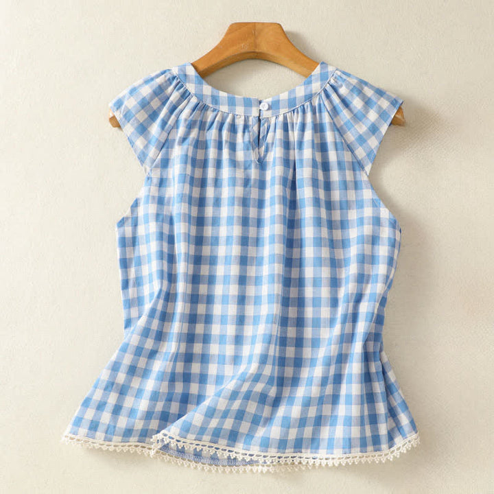 Buddha Stones Summer Pleated Yoke Gingham Check Women's Sleeveless T-Shirts Tank Top - image 1