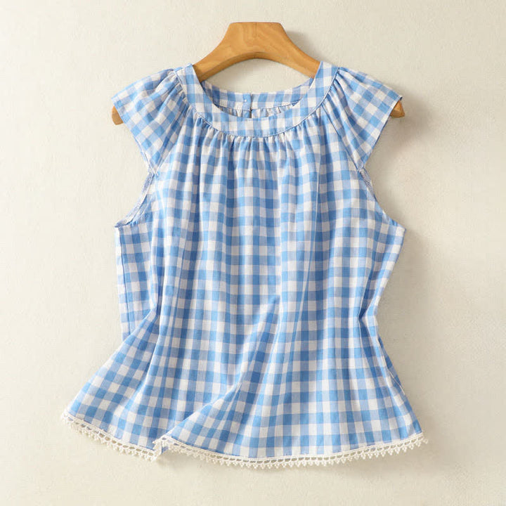 Buddha Stones Summer Pleated Yoke Gingham Check Women's Sleeveless T-Shirts Tank Top - LightBlue - US12，UK/AU16，EU44 (2XL) - image 0