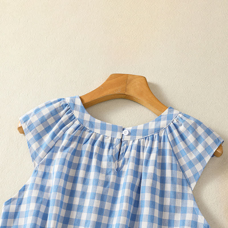 Buddha Stones Summer Pleated Yoke Gingham Check Women's Sleeveless T-Shirts Tank Top - image 3