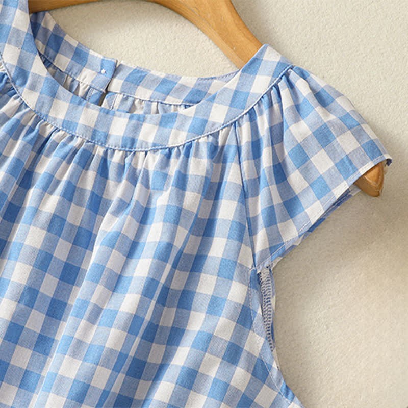 Buddha Stones Summer Pleated Yoke Gingham Check Women's Sleeveless T-Shirts Tank Top - image 5