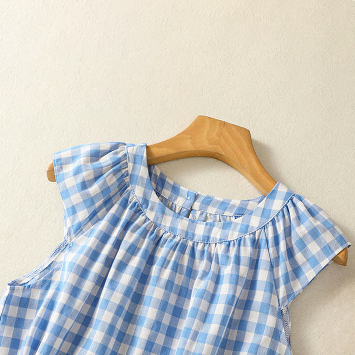 Buddha Stones Summer Pleated Yoke Gingham Check Women's Sleeveless T-Shirts Tank Top - image 2