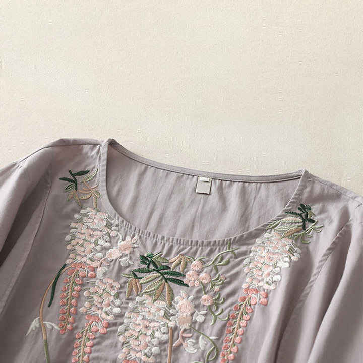 Buddha Stones Spring Embroidery Side Slit Floral Women's Three-Quarter Sleeve Shirts - image 6
