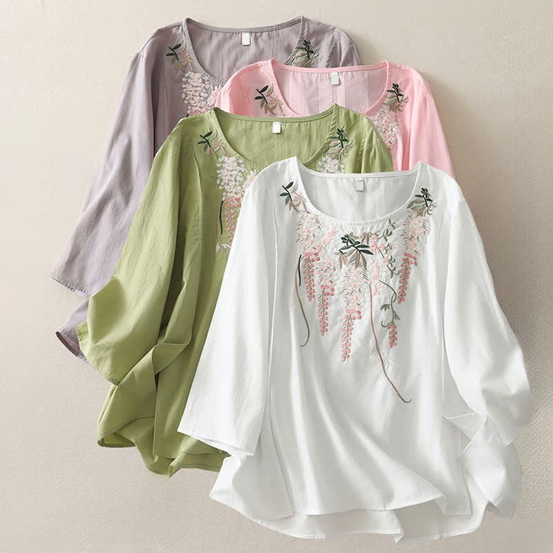 Buddha Stones Spring Embroidery Side Slit Floral Women's Three-Quarter Sleeve Shirts - image 29