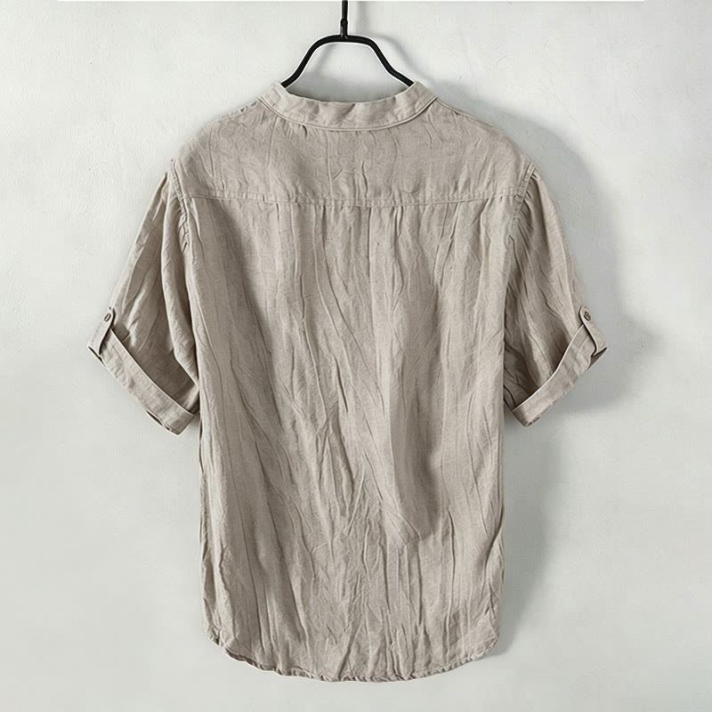 Buddha Stones Summer Half Buttons Rolled Sleeves Design Cotton Linen Men's Short Sleeve Shirt - image 8