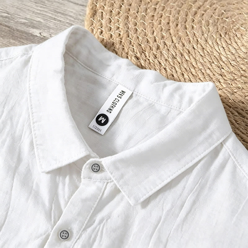 Buddha Stones Summer Half Buttons Turn-Down Collar Design Cotton Linen Men's Short Sleeve Shirt - image 16