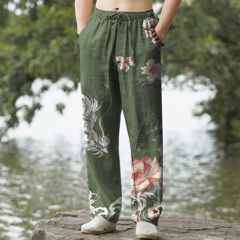 Buddha Stones Cotton Oriental Dragon Lotus Pattern Men's Tapered Pants With Pockets - DarkOliveGreen - US/UK/AU50，EU60 (5XL) - image 6