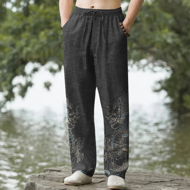 Buddha Stones Cotton Golden Dragon Clouds Pattern Men's Tapered Pants With Pockets - Black - US/UK/AU50，EU60 (5XL) - image 0