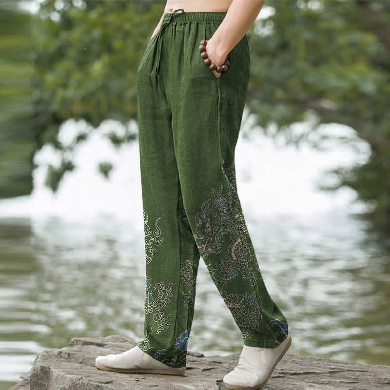 Buddha Stones Cotton Golden Dragon Clouds Pattern Men's Tapered Pants With Pockets - image 5