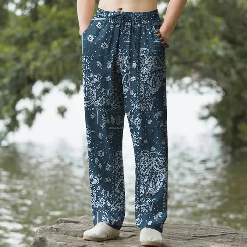 Buddha Stones Cotton Cashew Flowers Paisley Pattern Men's Tapered Pants With Pockets - Navy - US/UK/AU50，EU60 (5XL) - image 4